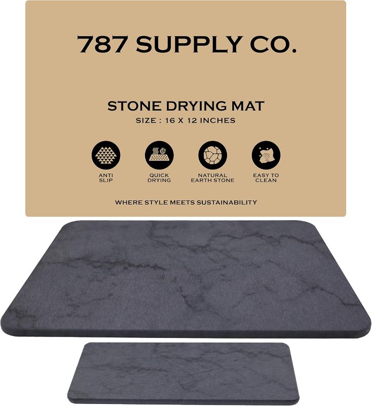 Photo 1 of Large Stone Drying Mat for Kitchen Counter - Quick Dry Stone Mat with Sink Caddy | Ultra Absorbent Drying Stone Dish Drying Mat for Kitchen Counter and Bathrooms | 16x12, Grey Marble | 787 Supply LLC