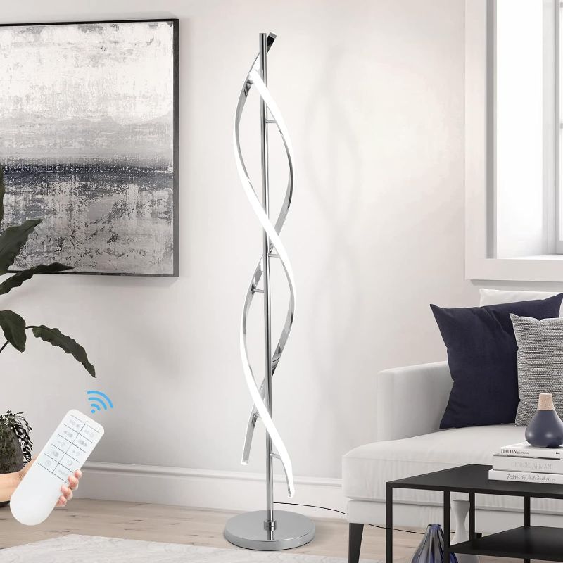 Photo 1 of LED Modern Floor Lamp for Living Room, 40W 3 Colors Stepless Dimmable and Color-Changing Bright Floor Standing Lamp,60" Unique Spiral Floor Tall Lamp for Bedroom Office with Remote,Chrome