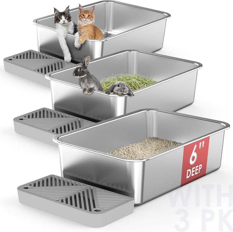 Photo 1 of 3 Pack 19.6"x13.7"x6" Stainless Steel Litter Box with 26L Litter Capacity, High Sides Large Cat Litter Box for Multi-Cats, Metal Litter Box with Footboard, Non Stick Litter Pan Litter Tray