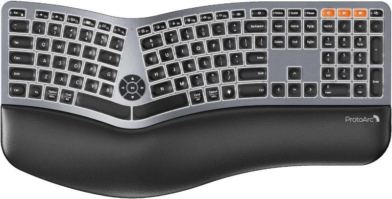 Photo 1 of ProtoArc Backlit Wireless Ergonomic Keyboard, EK01 Plus Full Size Ergo Keyboard with Wrist Rest, Split Design, USB-C Charging, Bluetooth and USB, Natural Typing Compatible with Windows/Mac/Android