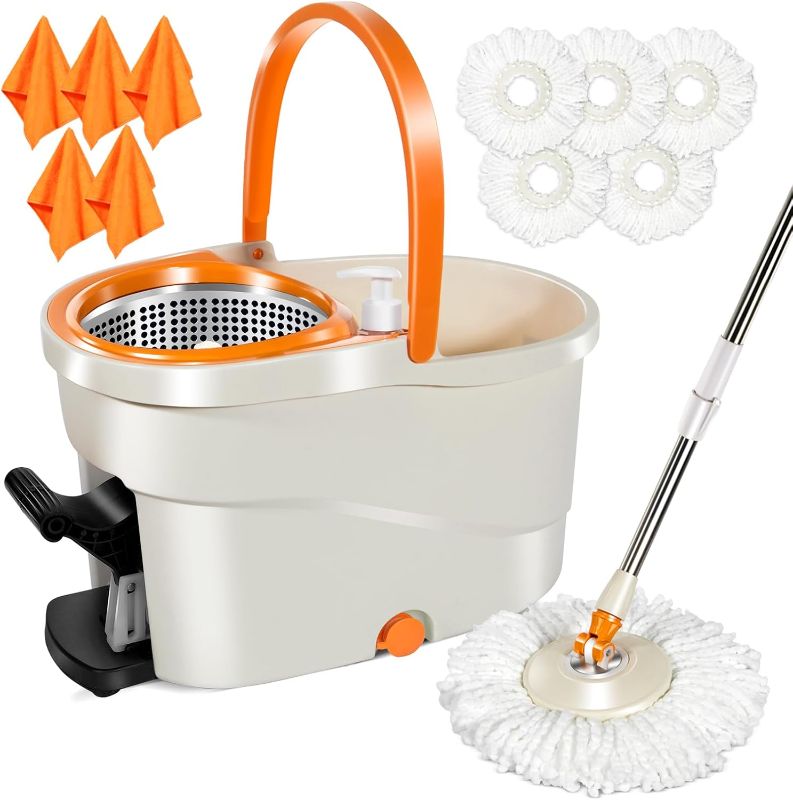 Photo 1 of MASTERTOP Spin Mop and Bucket,Easy Wring Mop and Bucket with Wringer Set for Home,Microfiber Spin Mop for Hardwood Laminate Floor Cleaning, Spinning Mop with Foot Pedal,5pcs Mop Heads