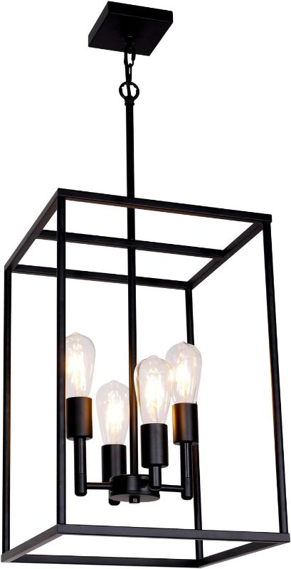 Photo 1 of VINLUZ 4 Light Large Industrial Metal Farmhouse Pendant Light Black Square Wide Cage Chandelier with Painted Finish for Dining Room Foyer Living Room Cafe Bar