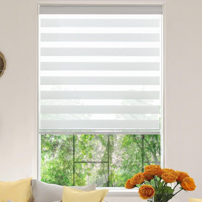 Photo 1 of Zebra Roller Window Blinds,Custom Cut to Size,Roller Blinds Dual Layer Roller Shade Blinds, White,Fixed 64 InchesHigh,29 Inches Width