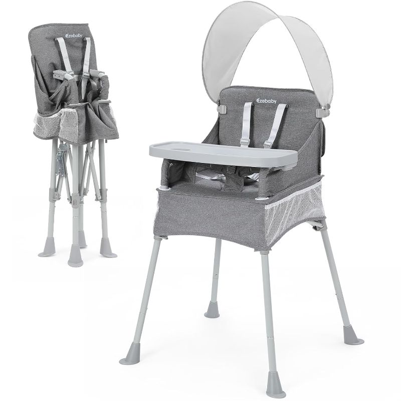 Photo 1 of Ezebaby Baby Portable High Chair with Sun Canopy, Foldable High Chairs for Babies and Toddlers with Detachable Tray and 5-Point Harness, Travel High Chair for Indoor and Outdoor Use, Gray