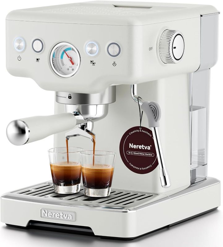 Photo 1 of Neretva Espresso Machine, 2 in 1 Stainless Steel Coffee and Espresso Maker Combo, 1450 W, 15 Bar Espresso Coffee Machine for Espresso, Latte, Macchiato, Cappuccino, Ideal for Home, Barista (White)