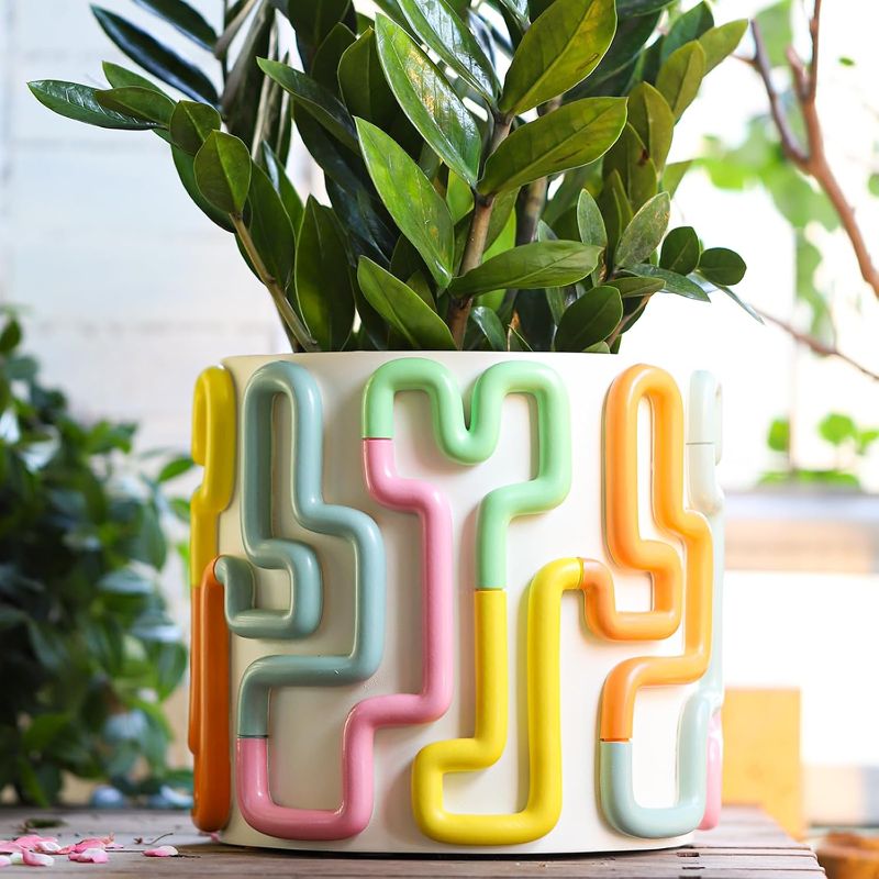 Photo 1 of GUGUGO 8 Inch Pastel Lines Planters, Cute Unique Rainbow Planter with Drainage, Vintage Retro Eclectic Flower Plant pots for Indoor Plants and Succulent,Funny Boho Modern Home Décor