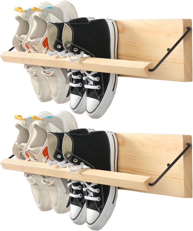 Photo 1 of Mifoci 2 Pcs Wall Mounted Shoe Rack Wooden Shoe Rack Organizer Wall Shoe Holder Modern Compact Wood Rv Shoe Storage for Sneaker Footwear Slipper Boots Entryway Narrow Spaces Hallway(28.35'' Long)