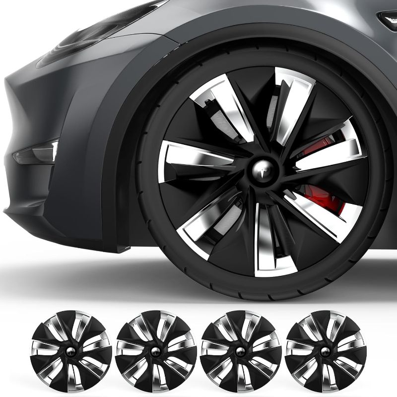 Photo 1 of 19 Inch Wheel Covers Compatible with 2020-2024 Tesla Model Y Chrome and Matte Black Hubcaps Rim Protector Wheel Cover for Model Y Accessories (4 Pcs)