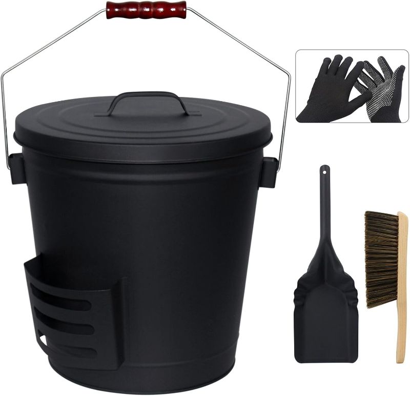 Photo 1 of Poofzy Ash Bucket with Lid and Shovel, 5.2 Gallon Ash Bucket for Fireplace, Metal Bucket Includes Hand Broom and Gloves for Fire Pit, Wood Burning Stove and Grill