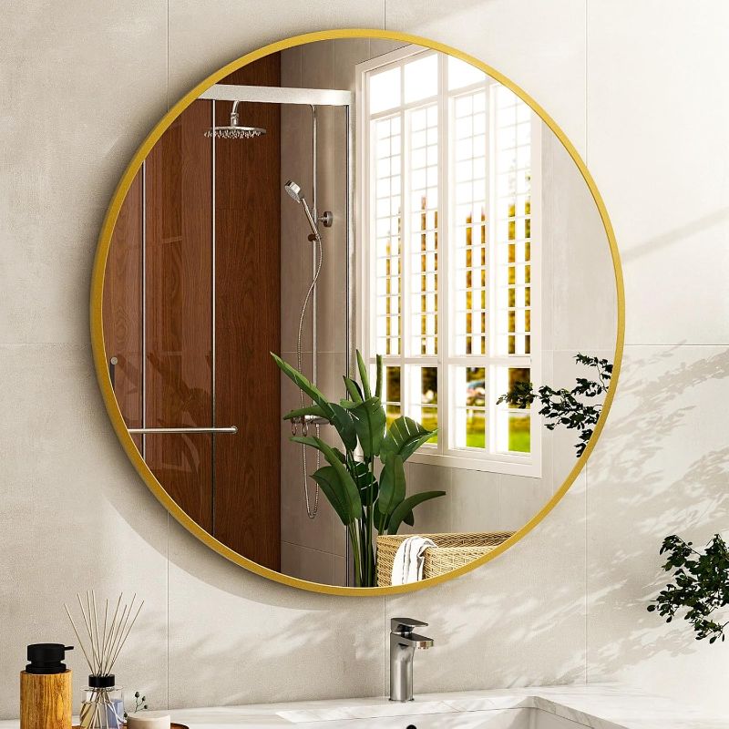 Photo 1 of 20 Inch Round Bathroom Mirror - Gold Wall Mounted Circle Mirror with Metal Frame, Modern Round Hanging Mirror Suitable for Bathroom, Vanity, Entryway, Living Room