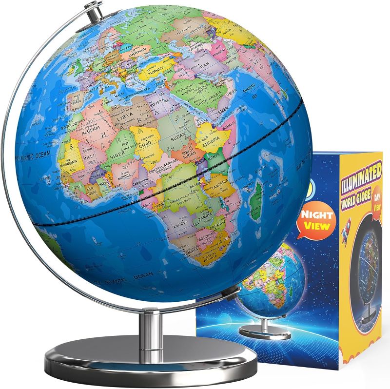 Photo 1 of 9" Illuminated World Globe with Stand, Earth Globes with Stable Heavy Metal Base for Kids Classroom Learning, LED Constellation Globe Night Light with HD Printed Map