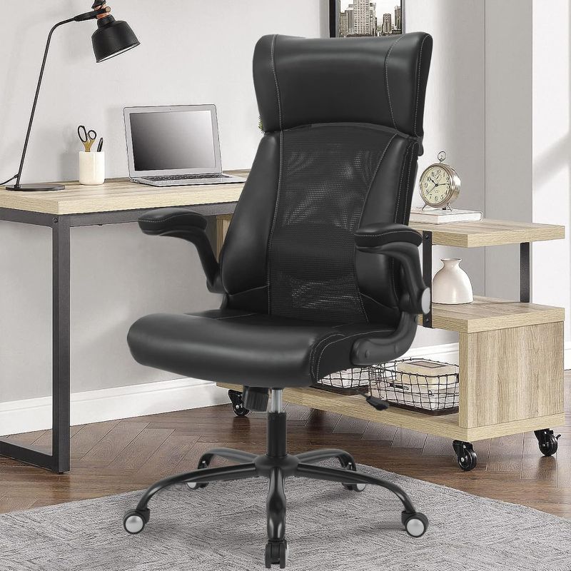 Photo 1 of Ergonomic Office Chair, Home Desk Mesh Chair, High Back Leather Computer Chair, Executive Chair with Flip-Up Arm & Lumbar Support, Height Adjustable Rolling Swivel Chair (Black)