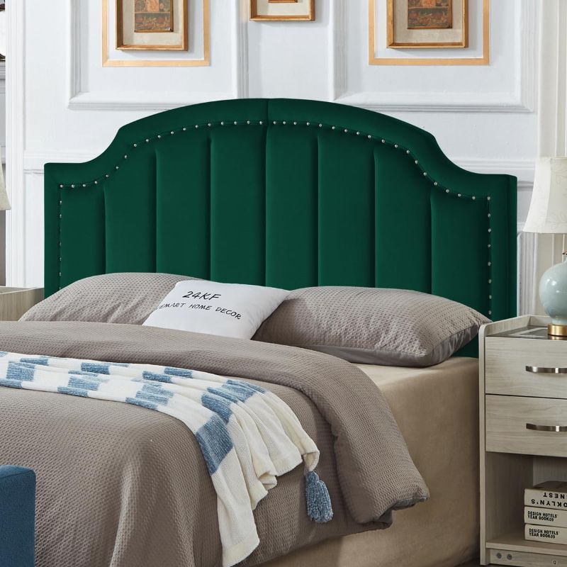 Photo 1 of 24KF Upholstered Channel Pattern Queen Headboard with Silver Nailhead Trim, Comfy Velvet Queen Size Headboard Full Headboard-Jade