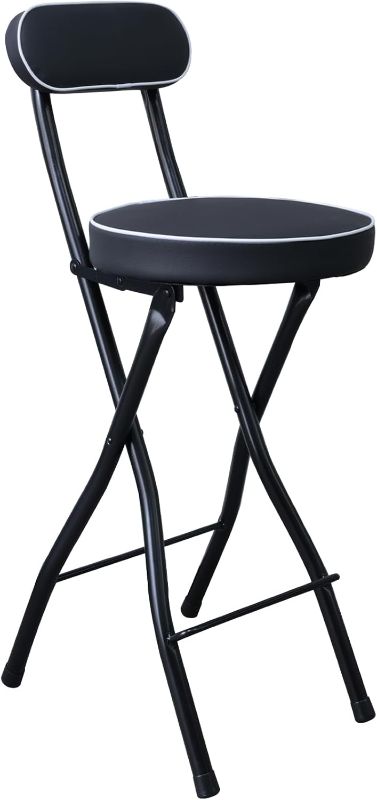 Photo 1 of UWEAR Folding Bar Stool with Back,Tall Folding Stool Chair Leather Padded Portable Stool Counter Height Foldable Stool Chair,Collapsible Stool for Adults Kitchen Island Guitar (Black)