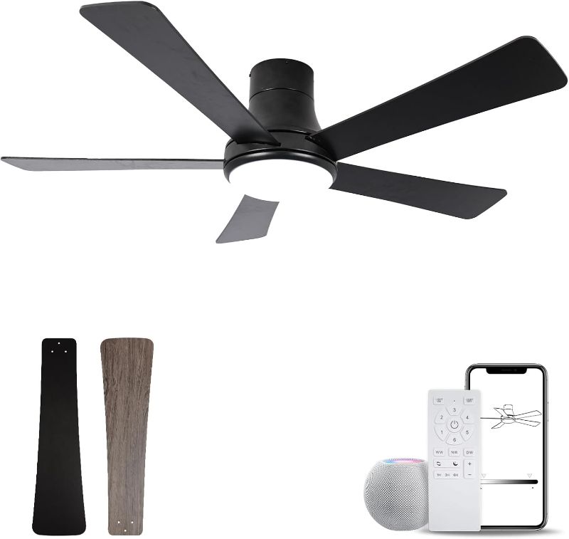 Photo 1 of 52 Inch Ceiling Fan with Light, Black Ceiling Fan with 5 Blades, Dimmable, Reversible Motor, 3-Colors Temperatures, 6 Speeds, Flush Mount Ceiling Fan with Remote/Alexa for Bedroom