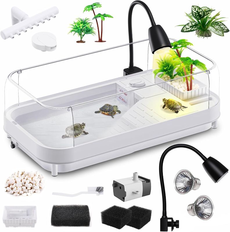 Photo 1 of Large Turtle Tank Kit (Tank+Lamp+Filter), Acrylic Turtle Tank Starter Kit, Turtle Aquarium with Heightened and Curved Fences, Bottom Drainage, Multi-Function Areas (Black Lamp)