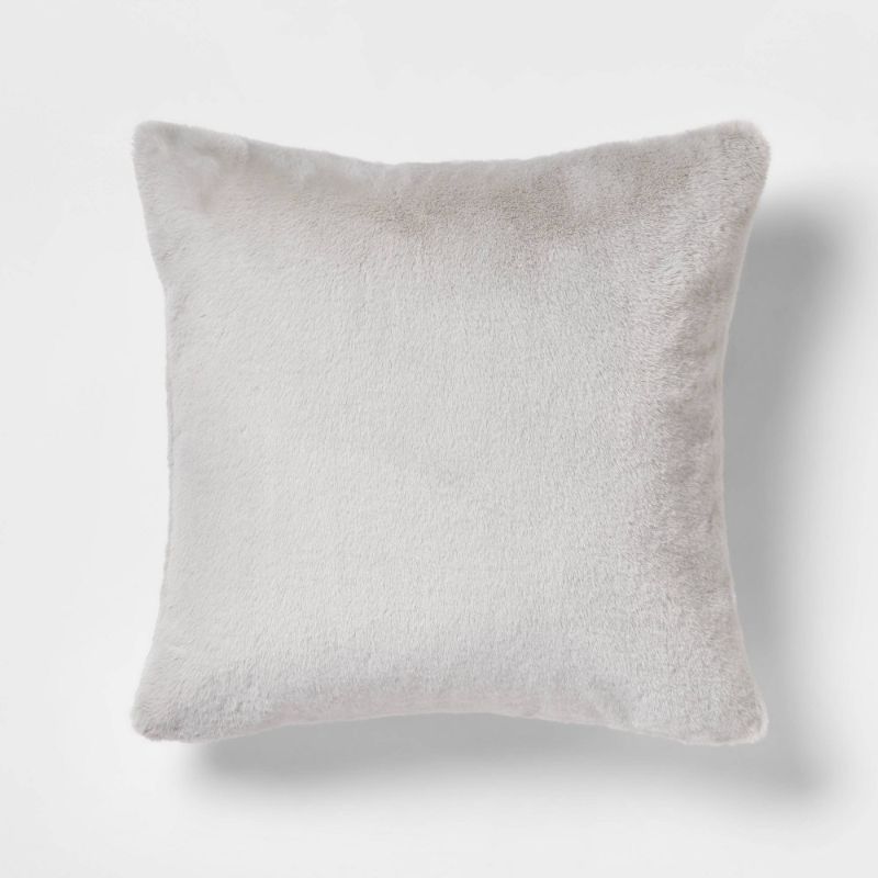 Photo 1 of Faux Rabbit Fur Square Throw Pillow Gray - Threshold™: Cozy Indoor Decorative Cushion
