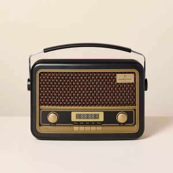 Photo 1 of Vintage Style AM/FM Bluetooth Radio Black - Hearth & Hand™ with Magnolia: Portable Speaker with Micro USB & 3.5mm Jack