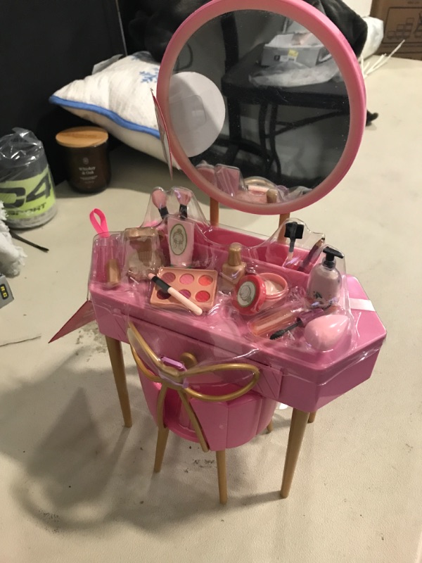 Photo 2 of Our Generation Fabulous Fun Pink Vanity Table & Chair Dollhouse Accessory Set for 18'' Dolls