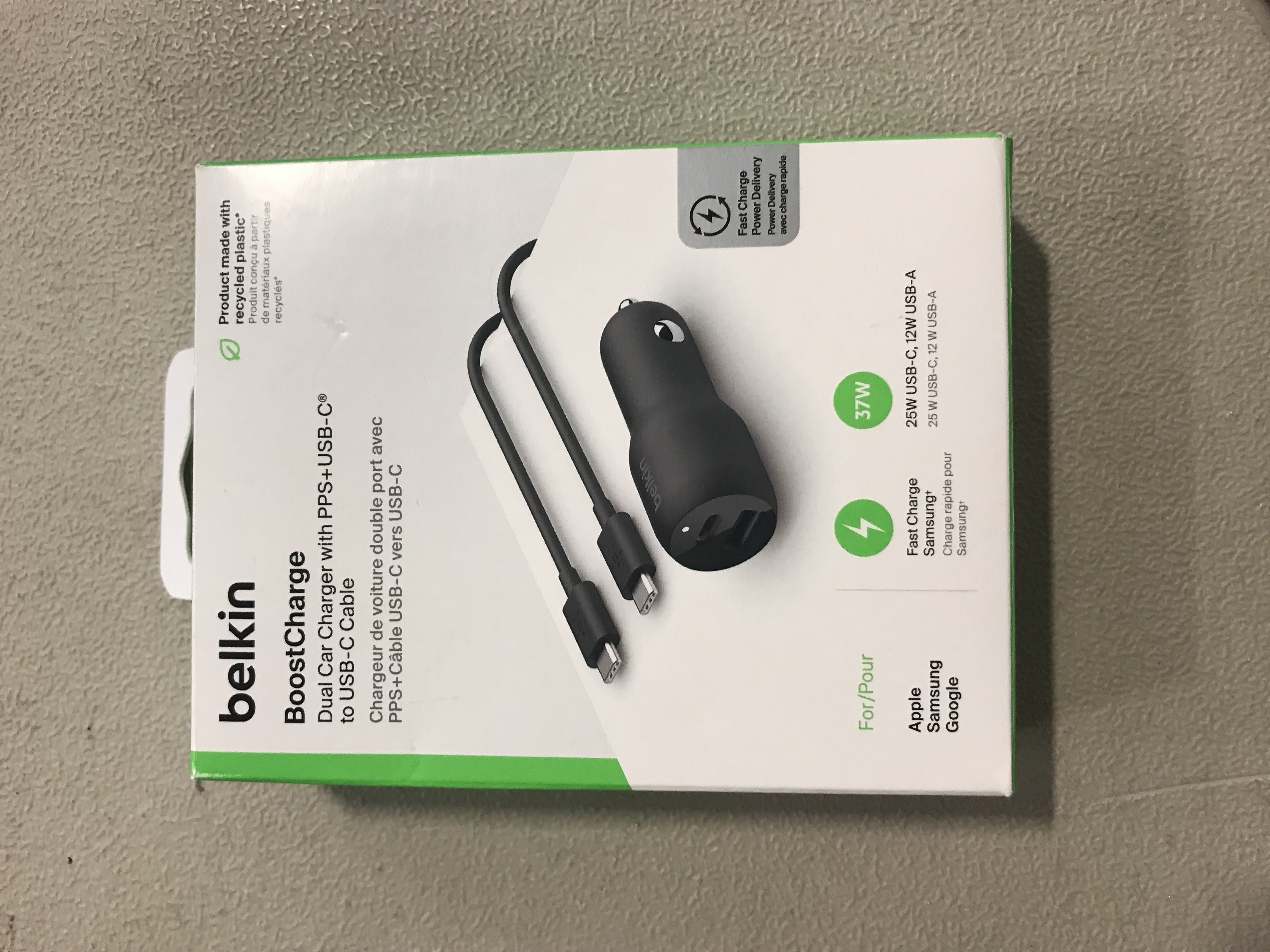 Photo 2 of Belkin 2-Port 37W USB-C/USB-A Power Delivery Car Charger with 3.3' USB-C/USB-C Cable