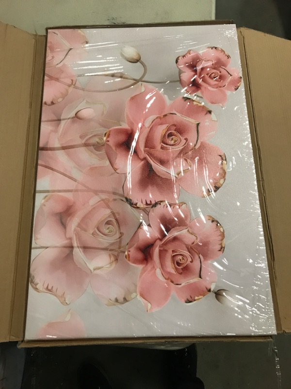 Photo 1 of Modern Delicate Pink Gold Roses Canvas Wall art Flower Reflecting In Grey Marble Picture Wall Decor Poster Print Artwork for Living Room Bedroom Woman Room Home Decoration