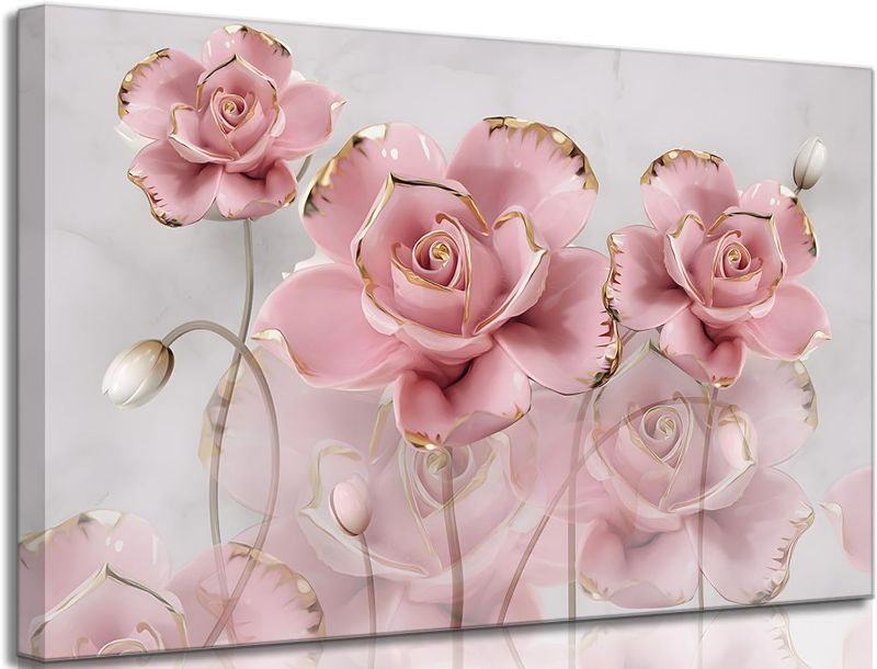 Photo 1 of Modern Delicate Pink Gold Roses Canvas Wall art Flower Reflecting In Grey Marble Picture Wall Decor Poster Print Artwork for Living Room Bedroom Woman Room Home Decoration