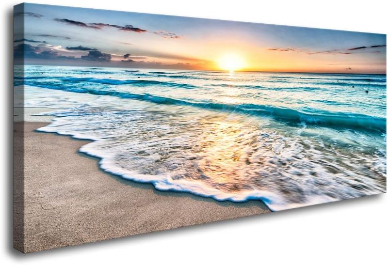 Photo 1 of Canvas Prints Wall Art Beach Sunset Ocean Waves Nature Pictures Stretched Canvas Wooden Framed for living Room Bedroom and Office