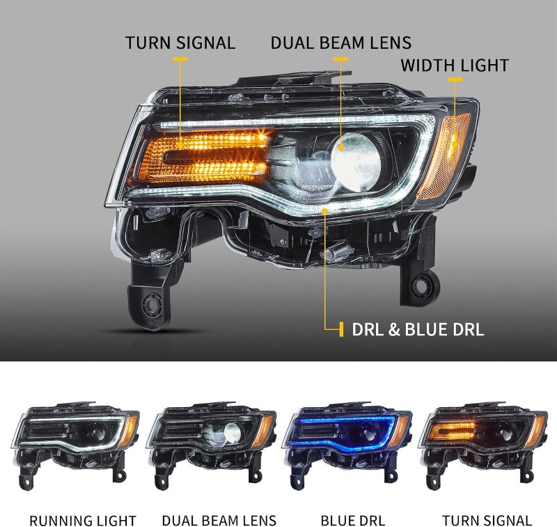 Photo 1 of Headlights For Jeep Grand Cherokee WK2 2014-2021 4th Gen (Fourth Generation WK2) With Start Bule to White Dynamic Animation and Sequential Tun Signa Front Lamps Assembly, Amber Reflector