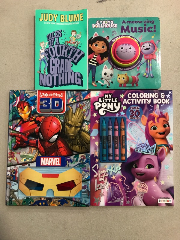 Photo 1 of Kids Books My Little Pony Movie 2 Coloring Book, Marvel: Look and Find 3D (Hardcover), Gabby’s Dollhouse Sound Book, Tales of a 4th Grade Nothing Juvenile Fiction 