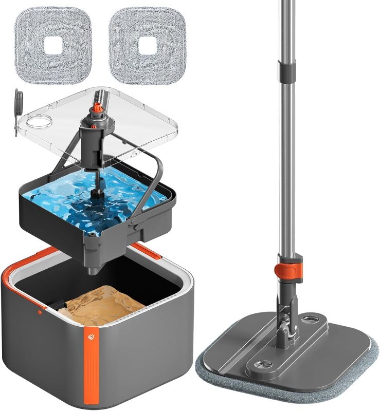 Photo 1 of KZKR Upgraded Spin Mop and Bucket Set, Separate Clean and Dirty Water System, 360° Foldable Square Mop Bucket Head with Washable Microfiber Mop Pad, Detachable Bucket for Home Floor Cleaning