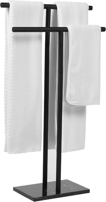 Photo 1 of Free Standing Towel Rack for Bathroom - Matte Black Finish - Stand Alone 2 Tier Stainless Steel Towel Rack for Bathroom Floor with Heavy Marble Base - Double T Shape Drying Stand for Towels