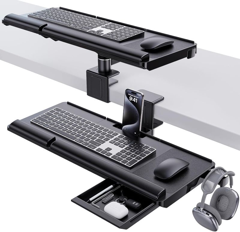 Photo 1 of Klearlook Keyboard Tray Under Desk&Above Desk - Adjustable Ergonomic Sit Stand Keyboard Riser w/360° Rotation, 24.4"×10.08" Keyboard Stand Desk Extender w/Wrist Rest&Storage Drawer-Black