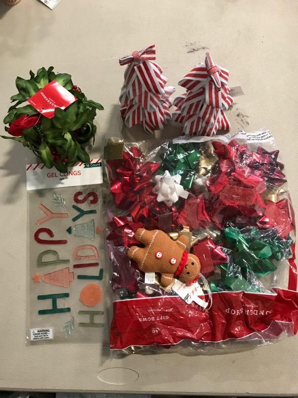 Photo 1 of 40ct christmas bows, kissing ball misle toe, ginger bread ornament, 2 peppermint ribbon tree, gel clings