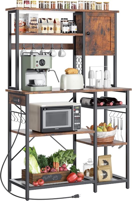 Photo 1 of Bakers Rack with Power Outlet - Microwave Stand with Storage, Large Coffee Bar with K Cups Holder, 5 Tiers Metal Kitchen Shelves Rack, 39.37 x 15.75 x 63 Inches, Brown