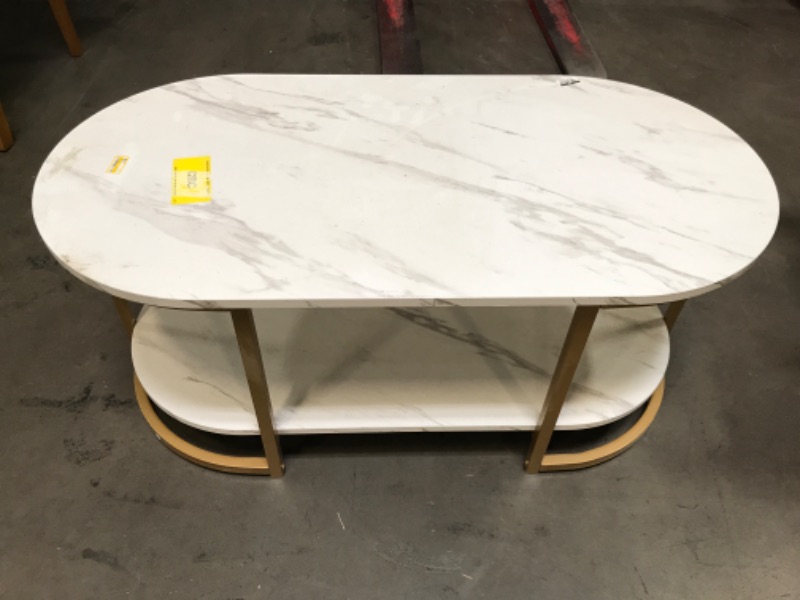 Photo 2 of White Marble Coffee Table - Modern 2-Tier Center Table w/Open Storage Shelf, Oval Accent Table w/Faux Marble Veneer & Gold Finished Metal Frame for Living Room, Bedroom