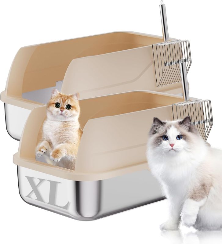 Photo 1 of 2 Pack Stainless Steel Cat Litter Box with Lid Enclosed Sides Extra Large Matel Litter Box for Big Cats XL Steel Litter Pan for Multiple Cats with Cat Litter Scoop Easy Cleaning