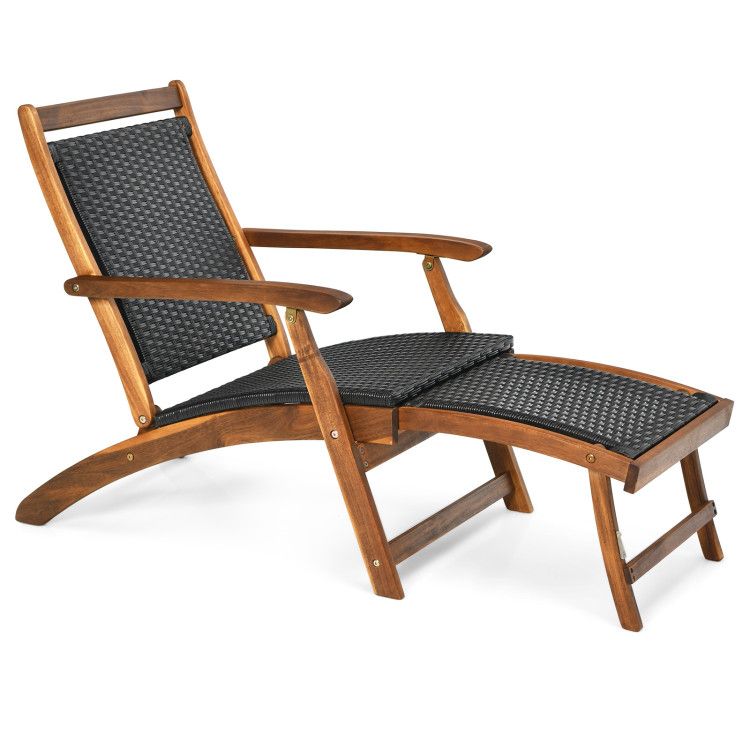 Photo 1 of Patio Rattan Folding Lounge Chair with Acacia Wooden Frame Retractable Footrest