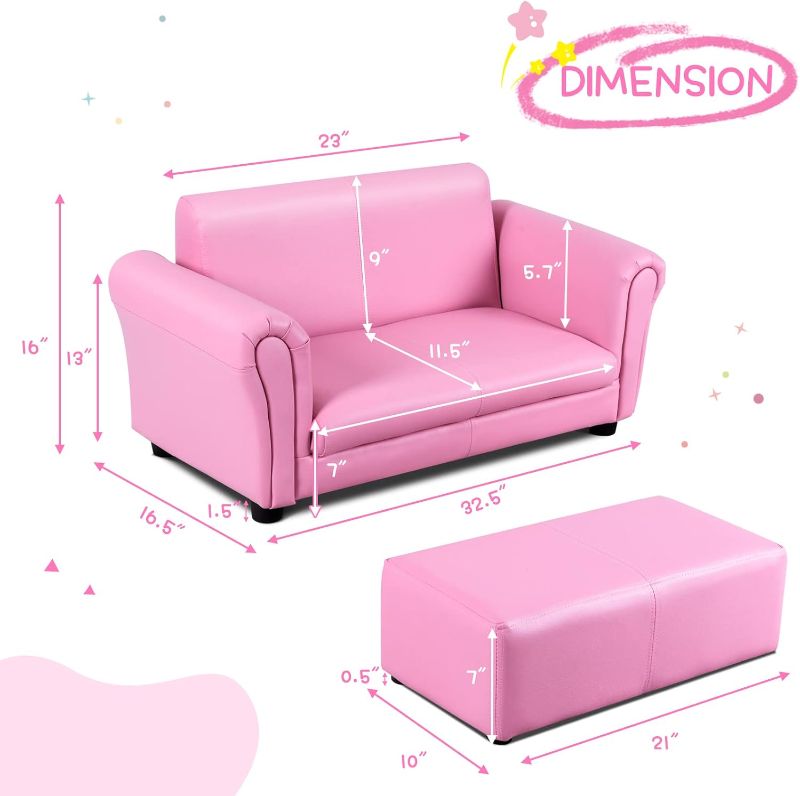 Photo 1 of 2 Seat Children Sofa, Upholstered Couch with Footstool Sturdy Wood Construction, Armrest Couch for Preschool Children Boys Girls, Kid Couch Lounge Bed with Ottoman (Pink)