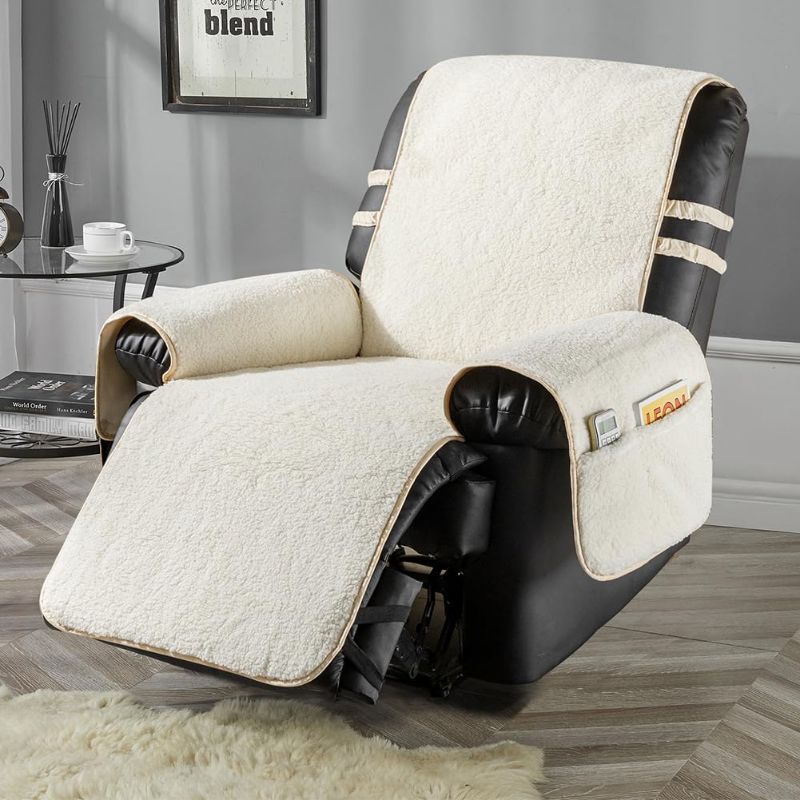 Photo 1 of STONECREST Recliner Chair Cover, Sherpa Slipcover, Stay in Place (White/Beige, 23" Regular Recliner)