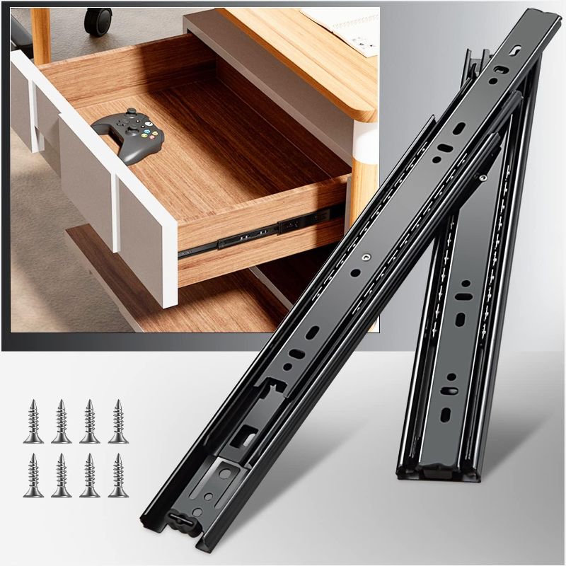 Photo 1 of YENUO 1 Pair Full Extension Drawer Slides Side Mount 10 12 14 16 18 20 22 24 Inch Ball Bearing Metal Black Rails Track Guide Glides Runners Heavy Duty 100 Pound Load Capacity (Basic-1 Pair, 20 Inch)