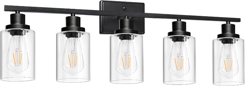 Photo 1 of Ascher 5-Light 37.8" Wall Sconces, Modern Vanity Light Fixture with Clear Glass Shade, Black Finish Wall Light for Mirror Bedroom Hallway, E26 Base (Bulbs Not Included)