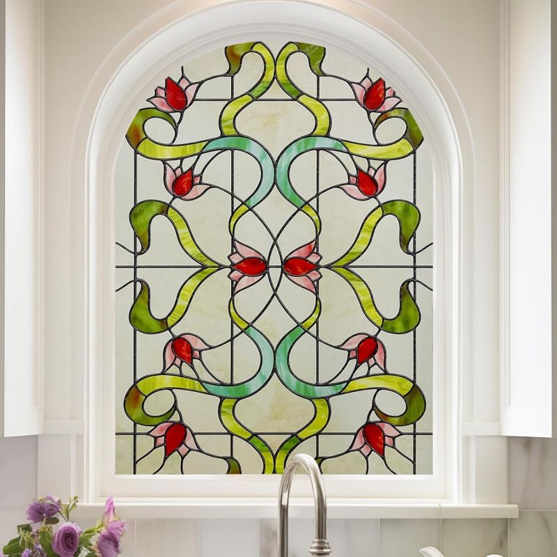 Photo 1 of 3D Stained Glass Window Film, Decorative Window Privacy Film for Bathroom,Front Door,Home, Sun Blocking Heat Control,Static Cling,Garden of Eden, 23.6inch x 35.4inch