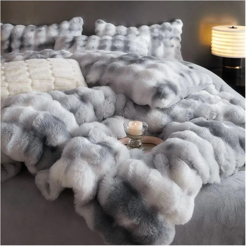 Photo 1 of Luxury Faux Rabbit Fur Velvet Fleece Gradient Blue Grey Bedding Set Plush Soft Duvet Cover Set Flat/Fitted Bed Sheet Pillowcases,Cotton Duvet