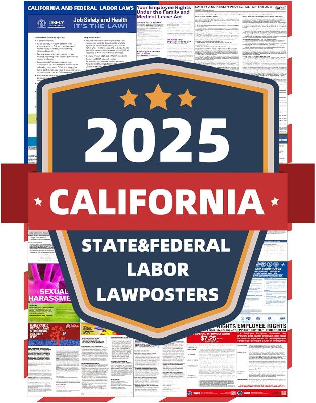 Photo 1 of 2025 California State and Federal Labor Laws Poster - English Version - OSHA Workplace Compliant - UV Waterproof Laminated 24" x 36" - Mandatory Regulations Posting for Employees (Folded)