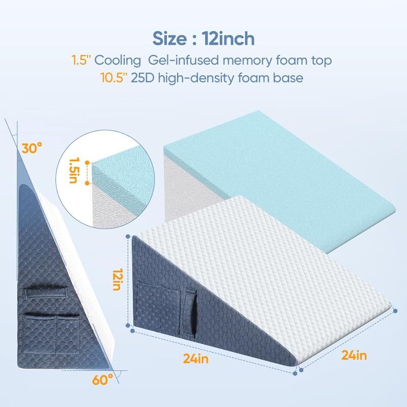 Photo 1 of 12inch Wedge Pillow for Sleep, Updated Bed Wedge, Acid Reflux, Heartburn, GERD, Neck Pain, Cooling Memory Foam Top, Removable Washable Cover Incline Wedge Pillow for Improved Sleep