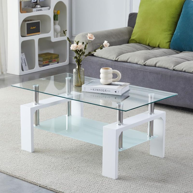 Photo 1 of Coffee Table - Rectangle Glass Coffee Table with Simple and Classical Inspired Design, Easy Assembly for Modern Living, 39.5 * 23.5 * 17.5 inches (White)