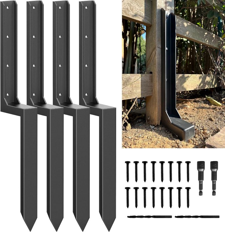 Photo 1 of Thickened Fence Post Repair Stake, Fence Post Repair Kit, Brackets Mender for Repair Leaning 4x4/6x6 Wood Fence Post Support (B1, Thickened 11-Gauge, 4 Pack/Black)