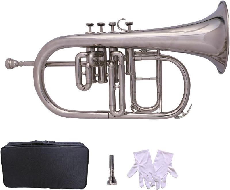 Photo 1 of SM'Sai Musicals 4 Valve Flugel Horn With Mouthpiece And Hard Case For School Band Silver Flugel Horn BB Pitch Brass Musical Instrument For Orchestra Beginners Professionals For Kids Adults