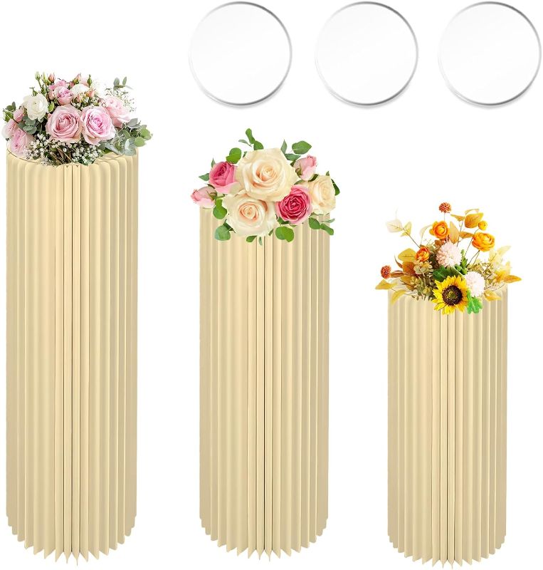 Photo 1 of 3PCS Large Cylinder Stands for Party, Pack of 3 Cardboard Cylinder Tables Cake Stands, 31.5inch Round Cylinder Pedestal Stands for Birthday Event Centerpieces Decor, Wedding Table Display, Milky