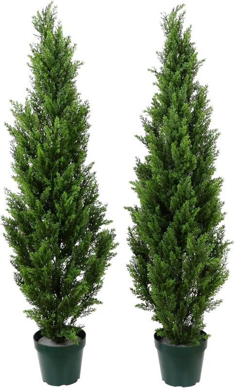 Photo 1 of COMUSTER 4FT Artificial Cedar Topiary Trees for Outdoors Potted Fake Cypress Trees Faux Evergreen Plants for Home Porch Decor Set of 2